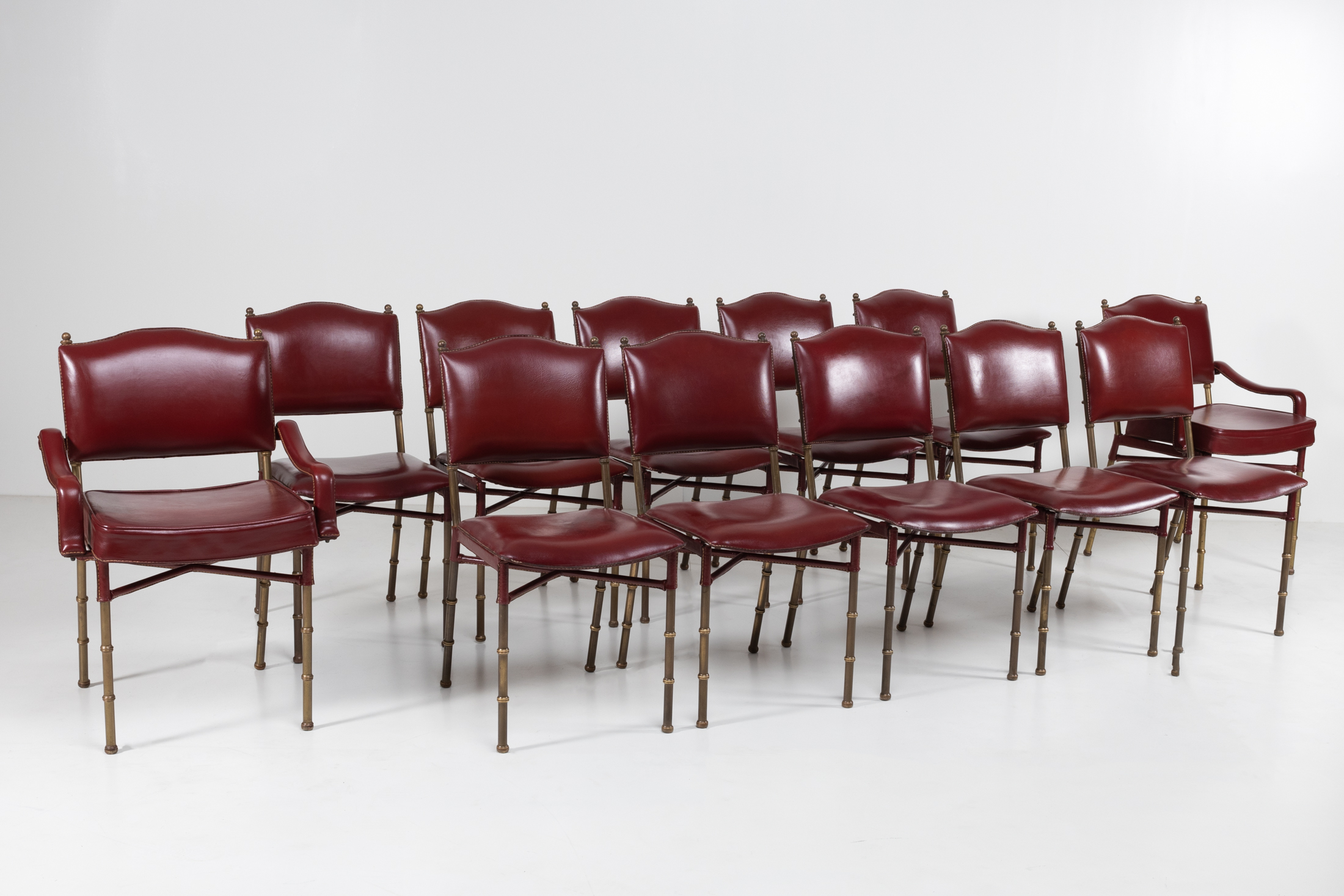ZE15 Set armchairs and chairs saddle stitched red leather by Jacques Adnet -1
