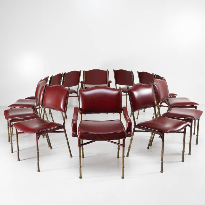 ZE15 Set armchairs and chairs saddle stitched red leather by Jacques Adnet -2q