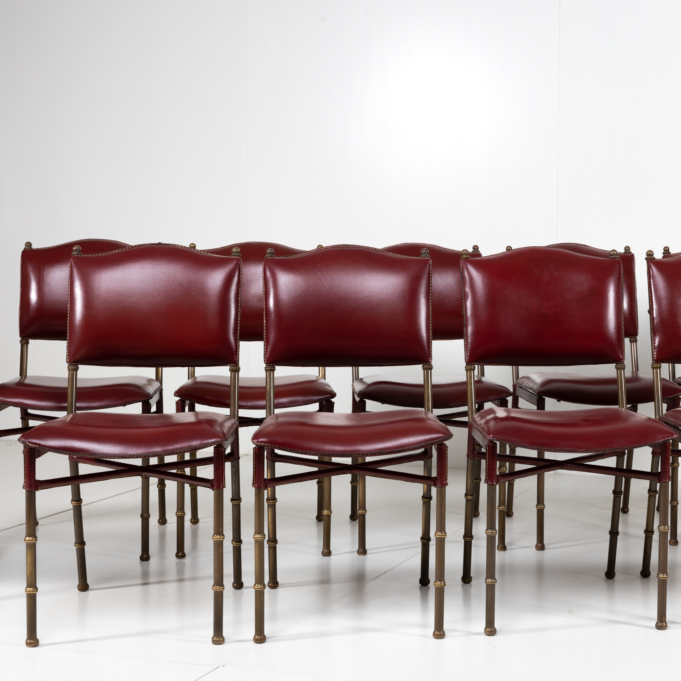 ZE15 Set armchairs and chairs saddle stitched red leather by Jacques Adnet -7