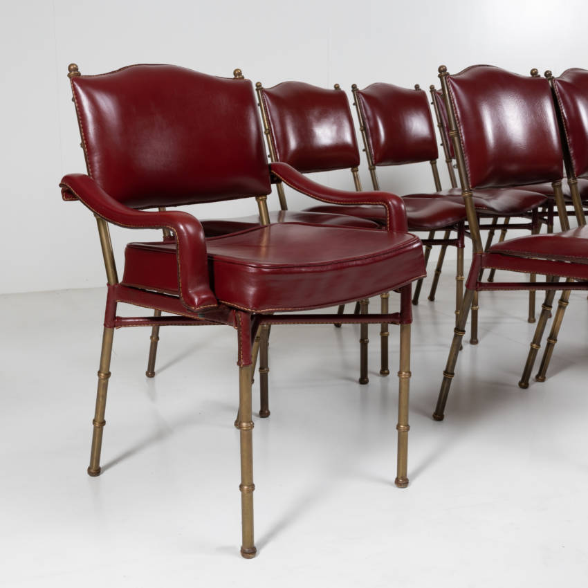 ZE15 Set armchairs and chairs saddle stitched red leather by Jacques Adnet -3
