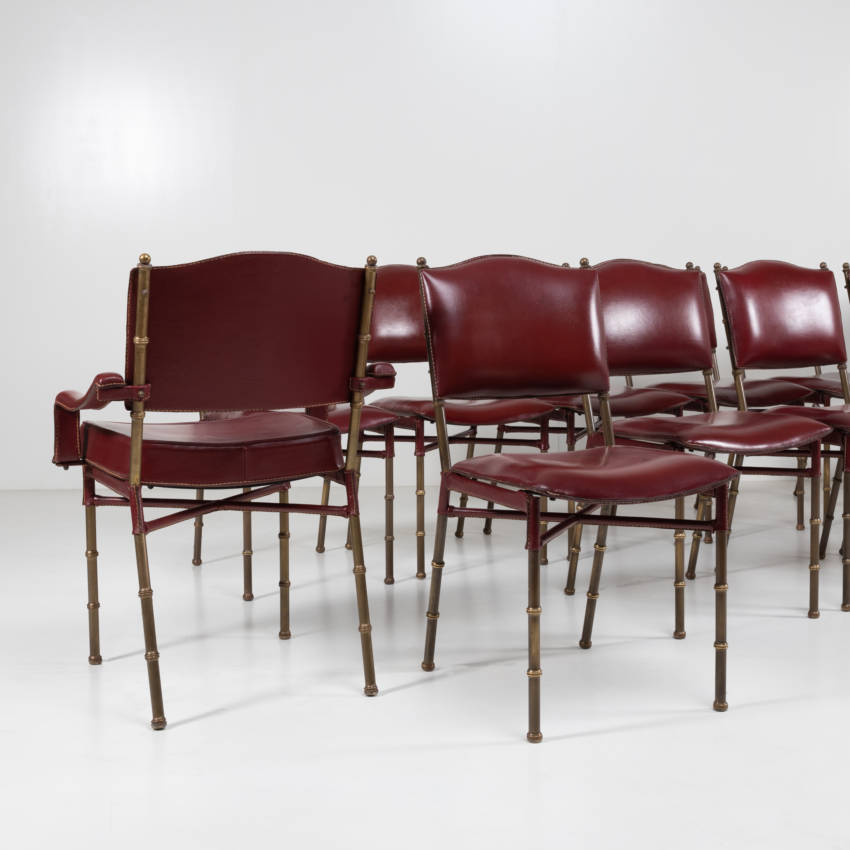 ZE15 Set armchairs and chairs saddle stitched red leather by Jacques Adnet -4