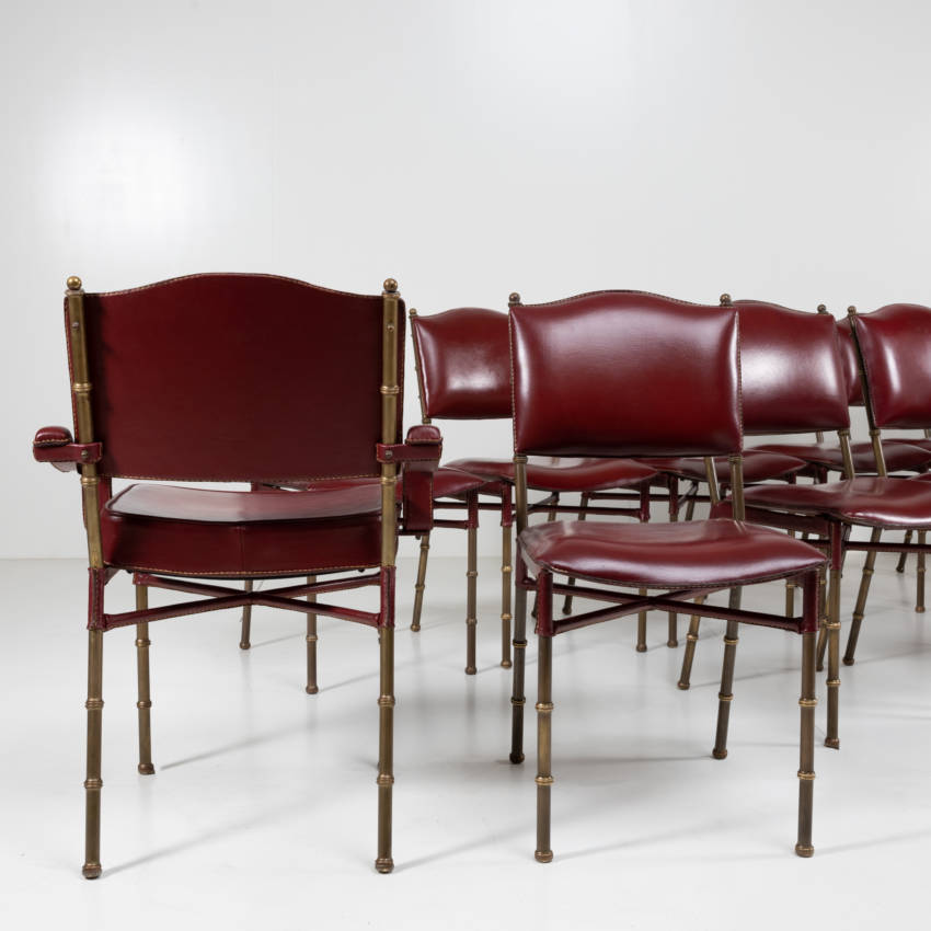 ZE15 Set armchairs and chairs saddle stitched red leather by Jacques Adnet -5