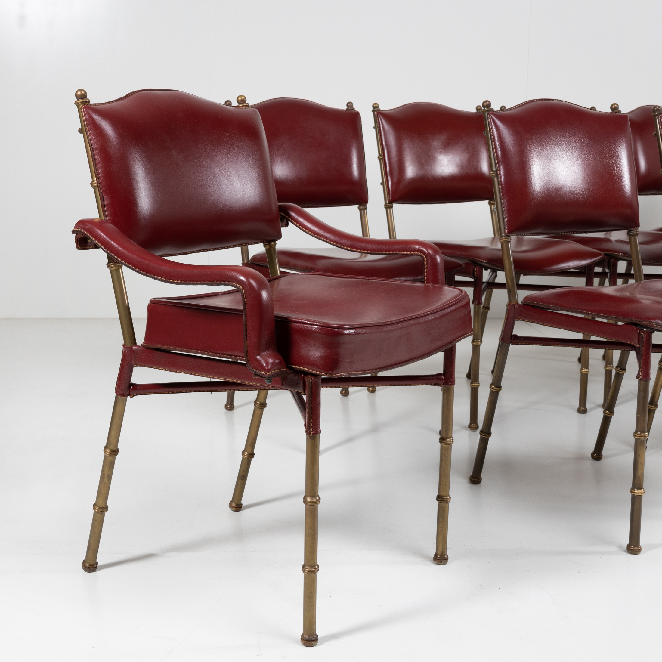 ZE15 Set armchairs and chairs saddle stitched red leather by Jacques Adnet -6