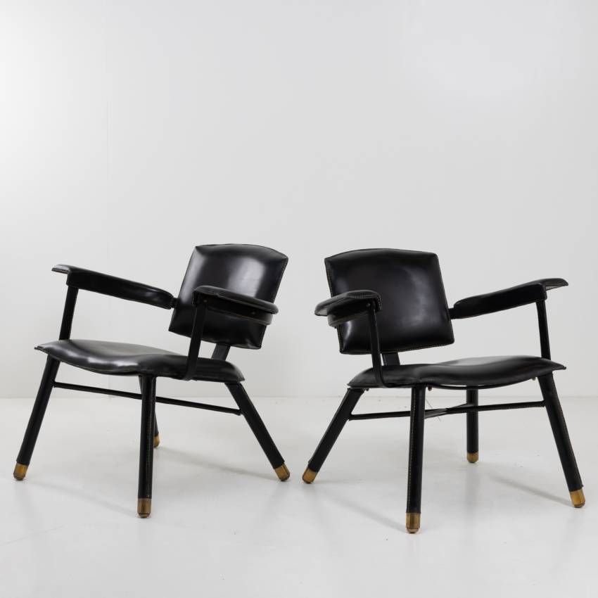 Pair of armchairs saddle stitched black leather Jacques Adnet - 02