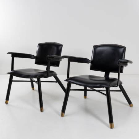 Pair of armchairs saddle stitched black leather Jacques Adnet - 01