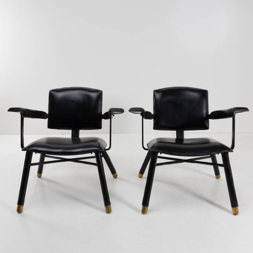 Pair of armchairs saddle stitched black leather Jacques Adnet - 03