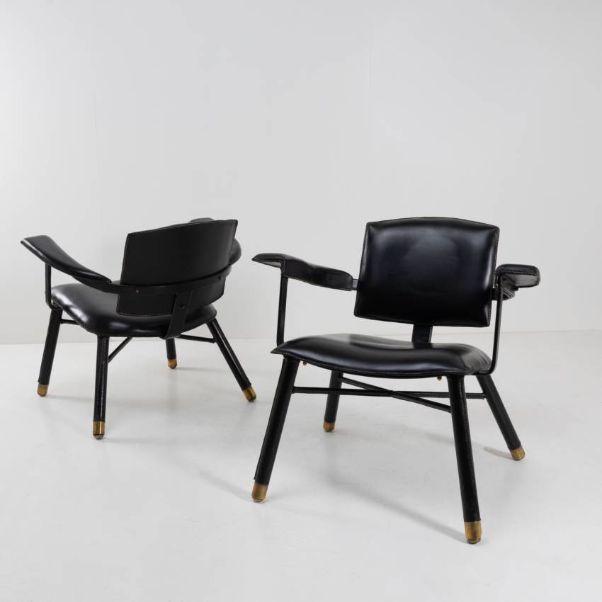 Pair of armchairs saddle stitched black leather Jacques Adnet - 04