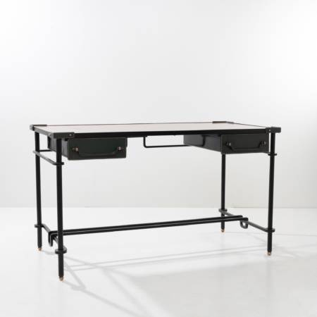 COE12_28 Desk with black lacquered metal structure covered with green leather Jacques Adnet-1