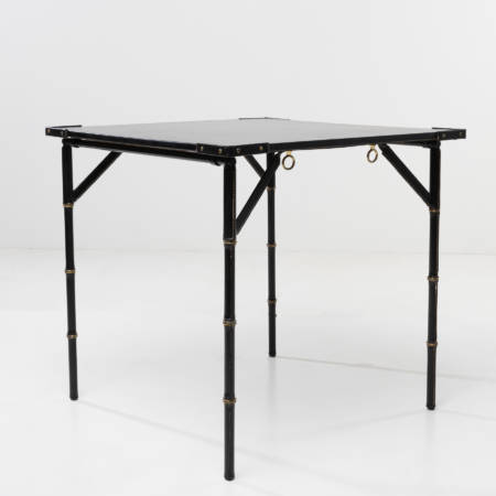 Bridge table with metal folding base, saddle stitched black leather-1