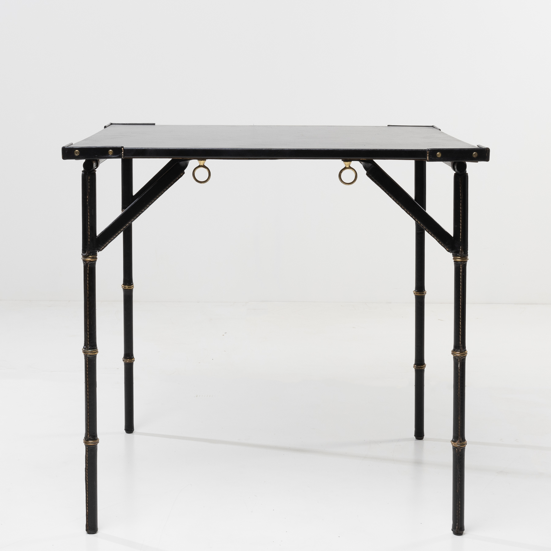 Bridge table with metal folding base, saddle stitched black leather-2