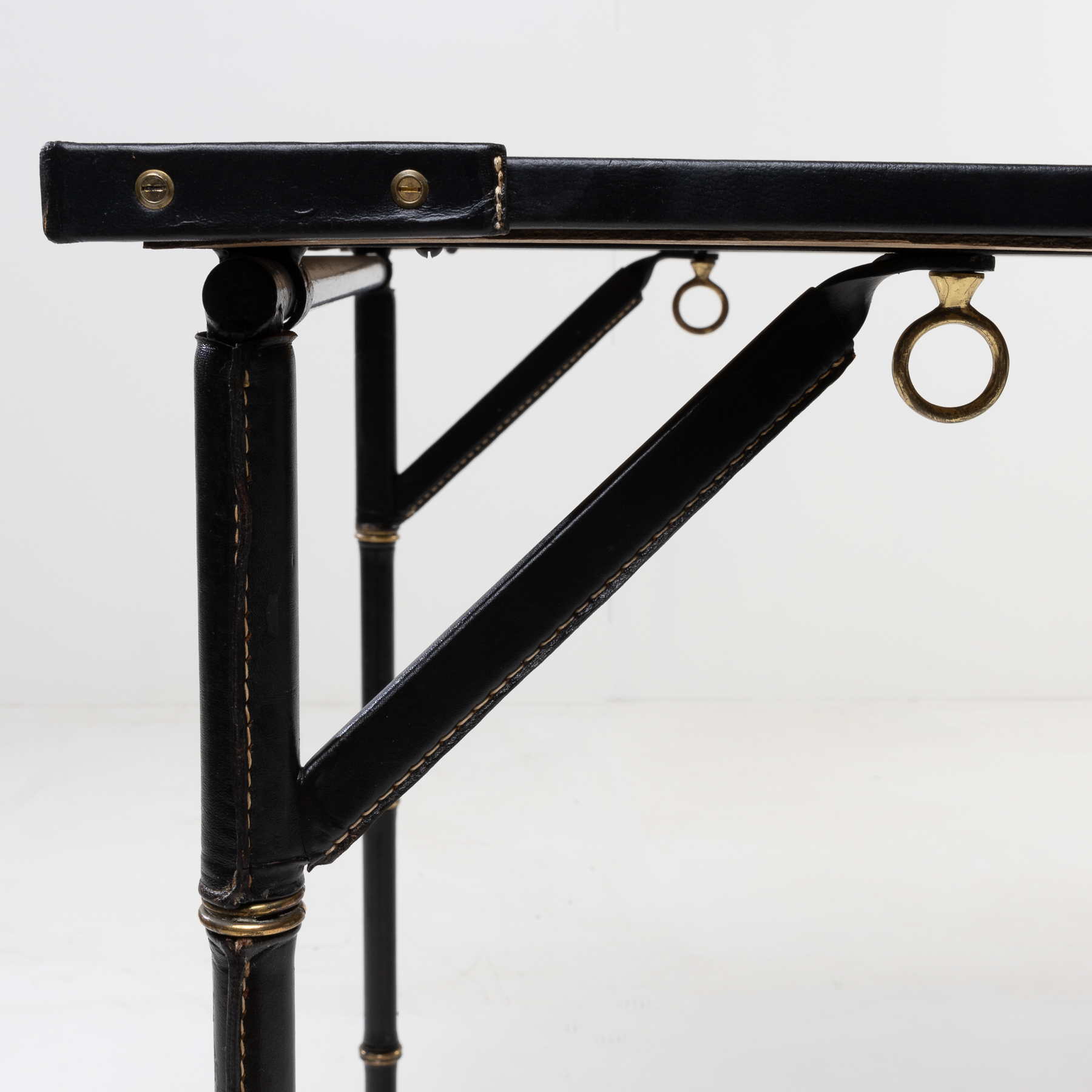 Bridge table with metal folding base, saddle stitched black leather-3