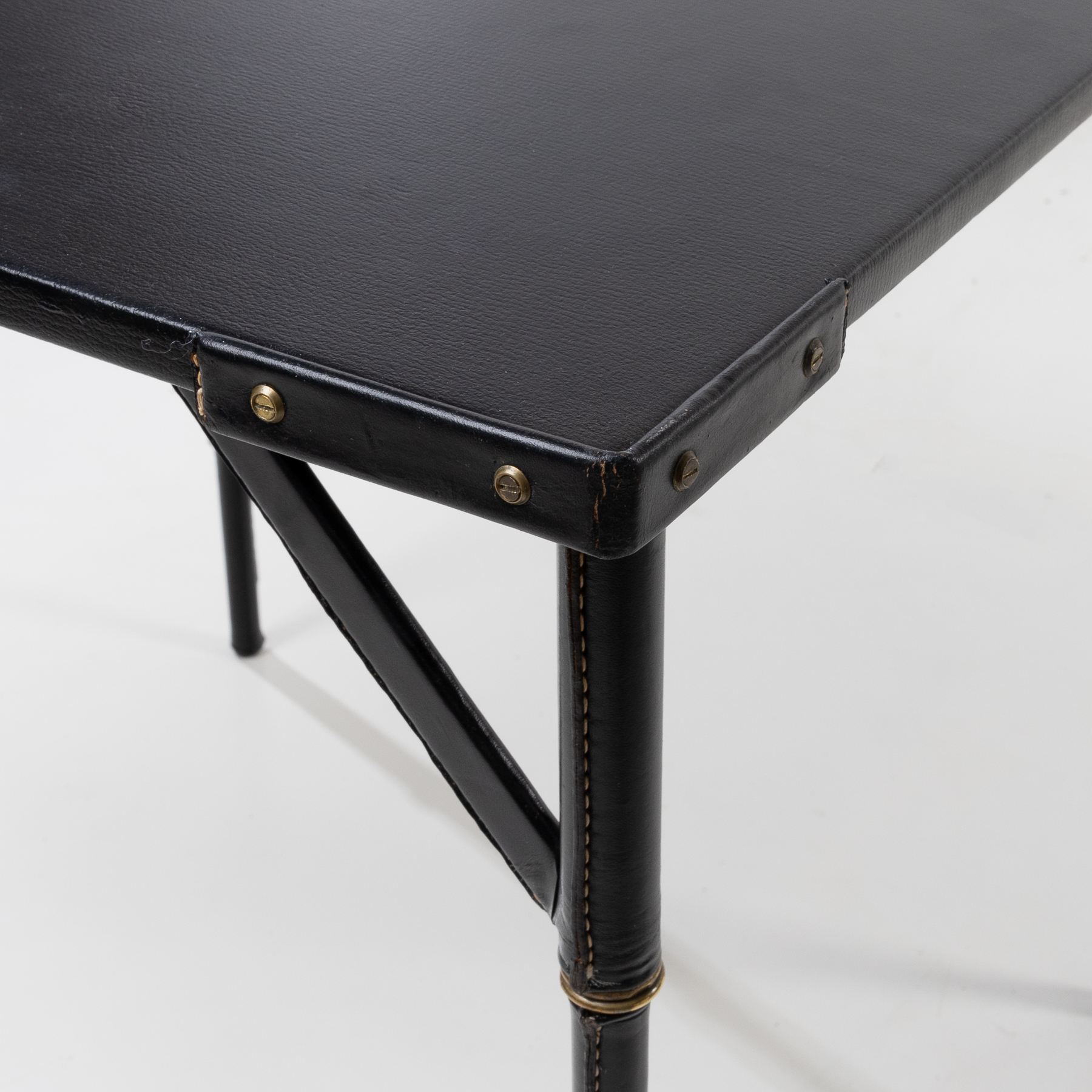 Bridge table with metal folding base, saddle stitched black leather-4