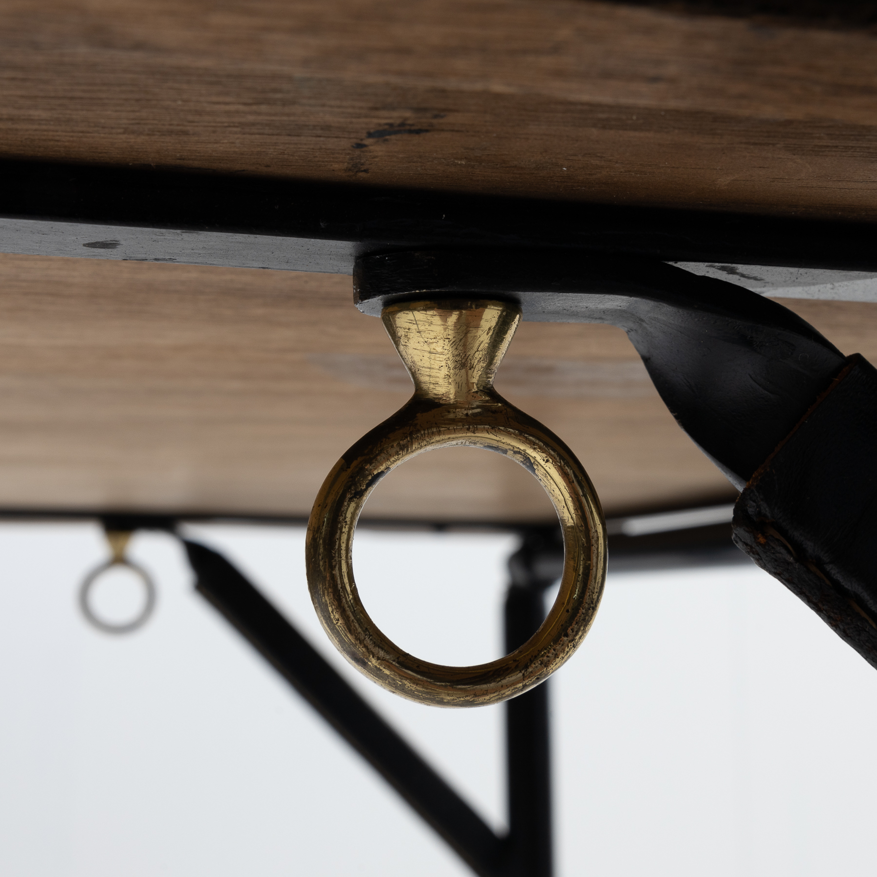 Bridge table with metal folding base, saddle stitched black leather-5