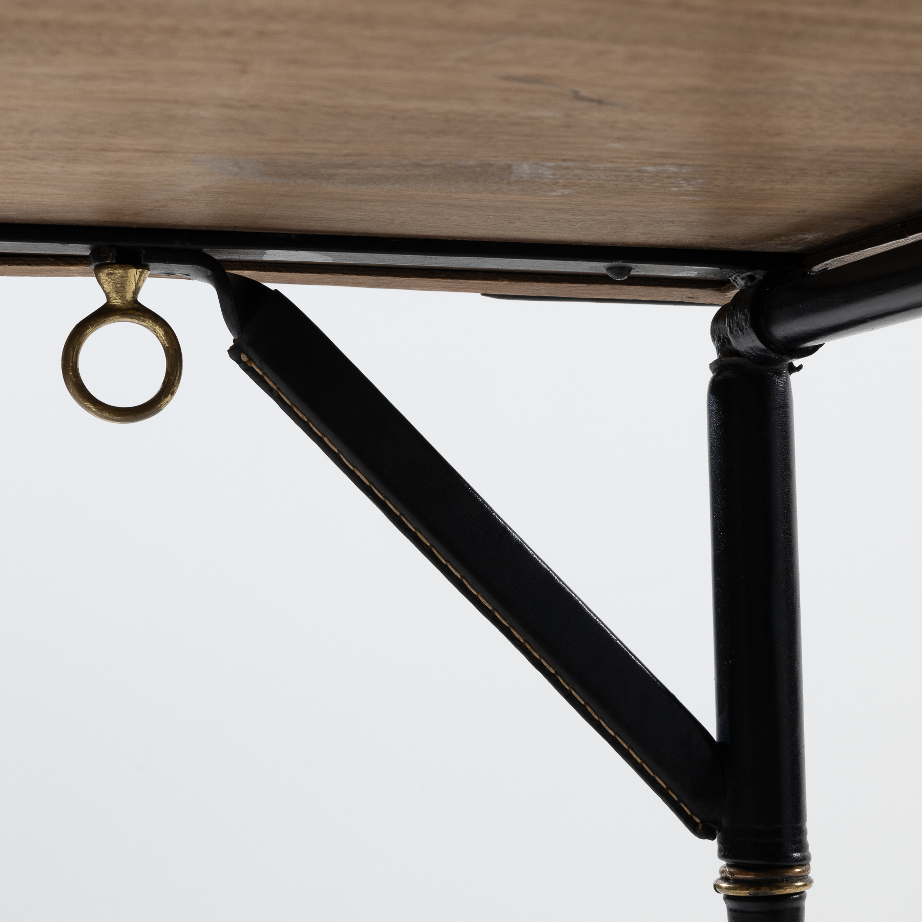 Bridge table with metal folding base, saddle stitched black leather-6
