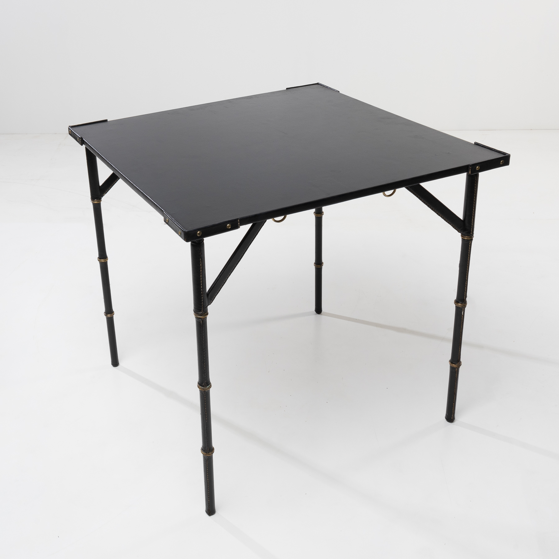 Bridge table with metal folding base, saddle stitched black leather-7