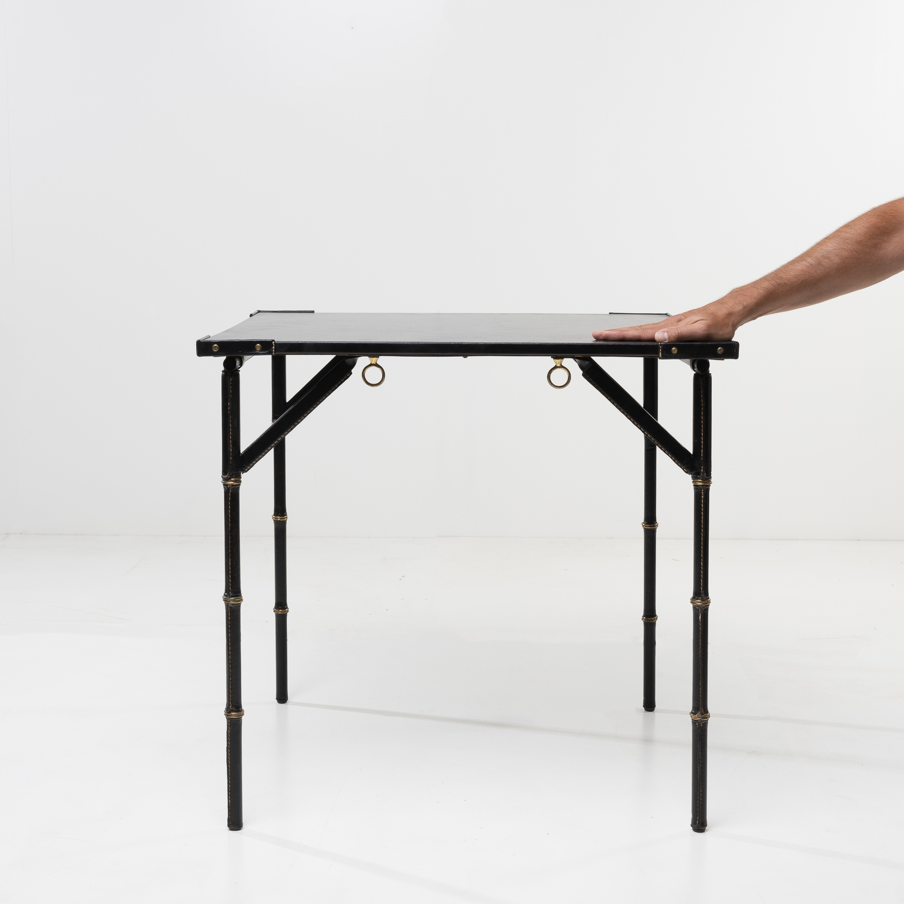 Bridge table with metal folding base, saddle stitched black leather-8