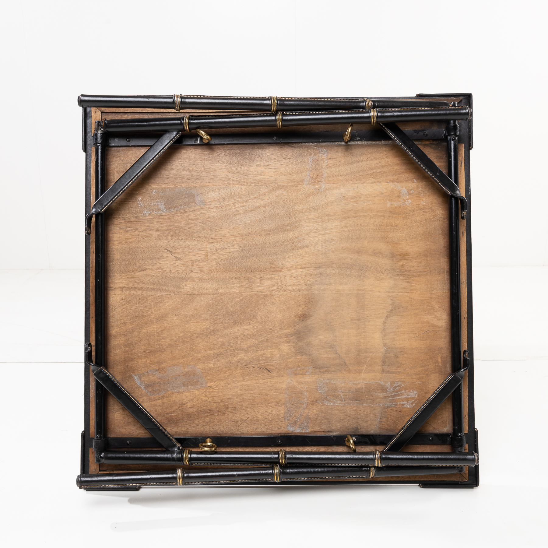 Bridge table with metal folding base, saddle stitched black leather-9