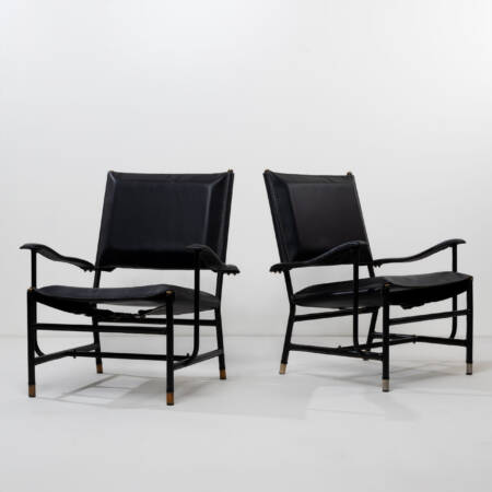 Pair of armchairs with armrests covered in saddle stitched leather Jacques Adnet IMG_008